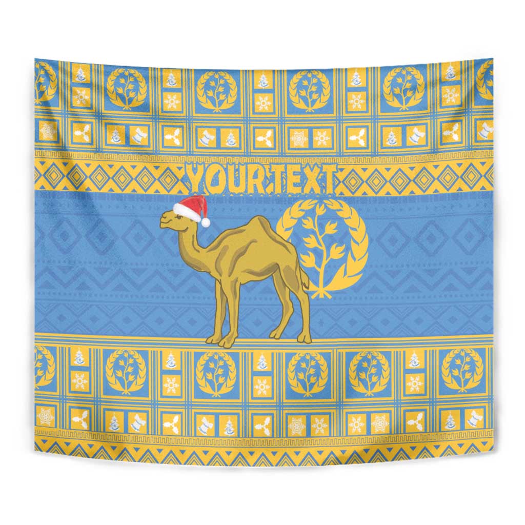 Blue tapestry close-up with camel wearing red hat and gold laurel wreath