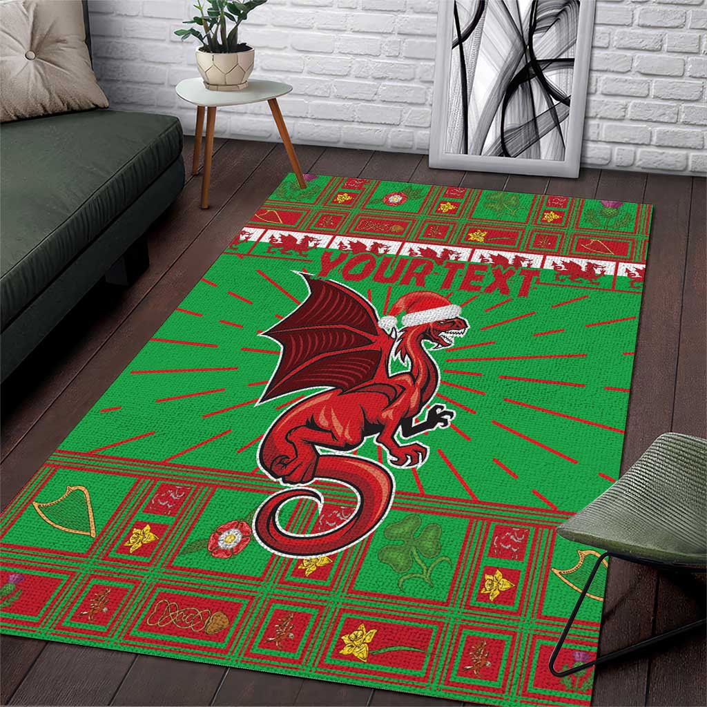 Green Welsh dragon area rug with holiday geometric trim and detailed dragon emblem