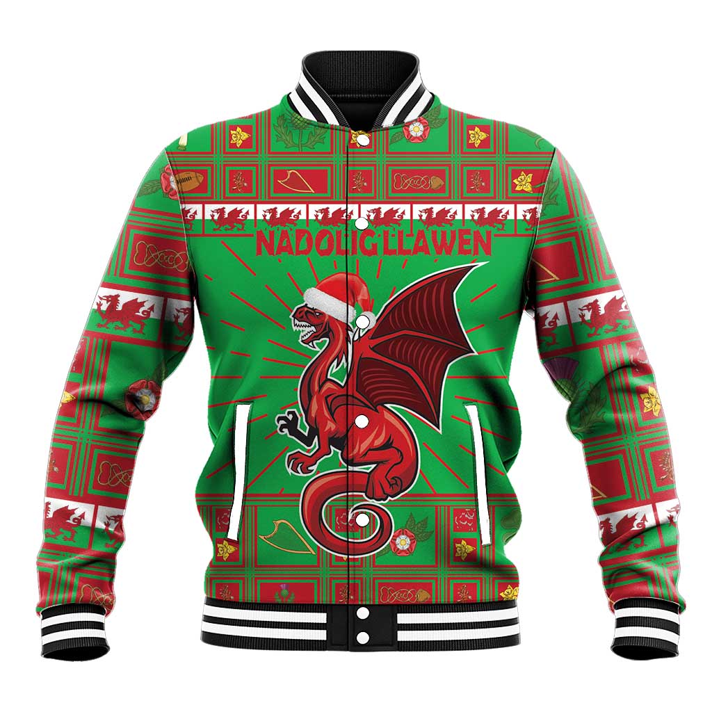 Green baseball jacket with ribbed collar, Wales-themed grid, and red dragon mascot front print.