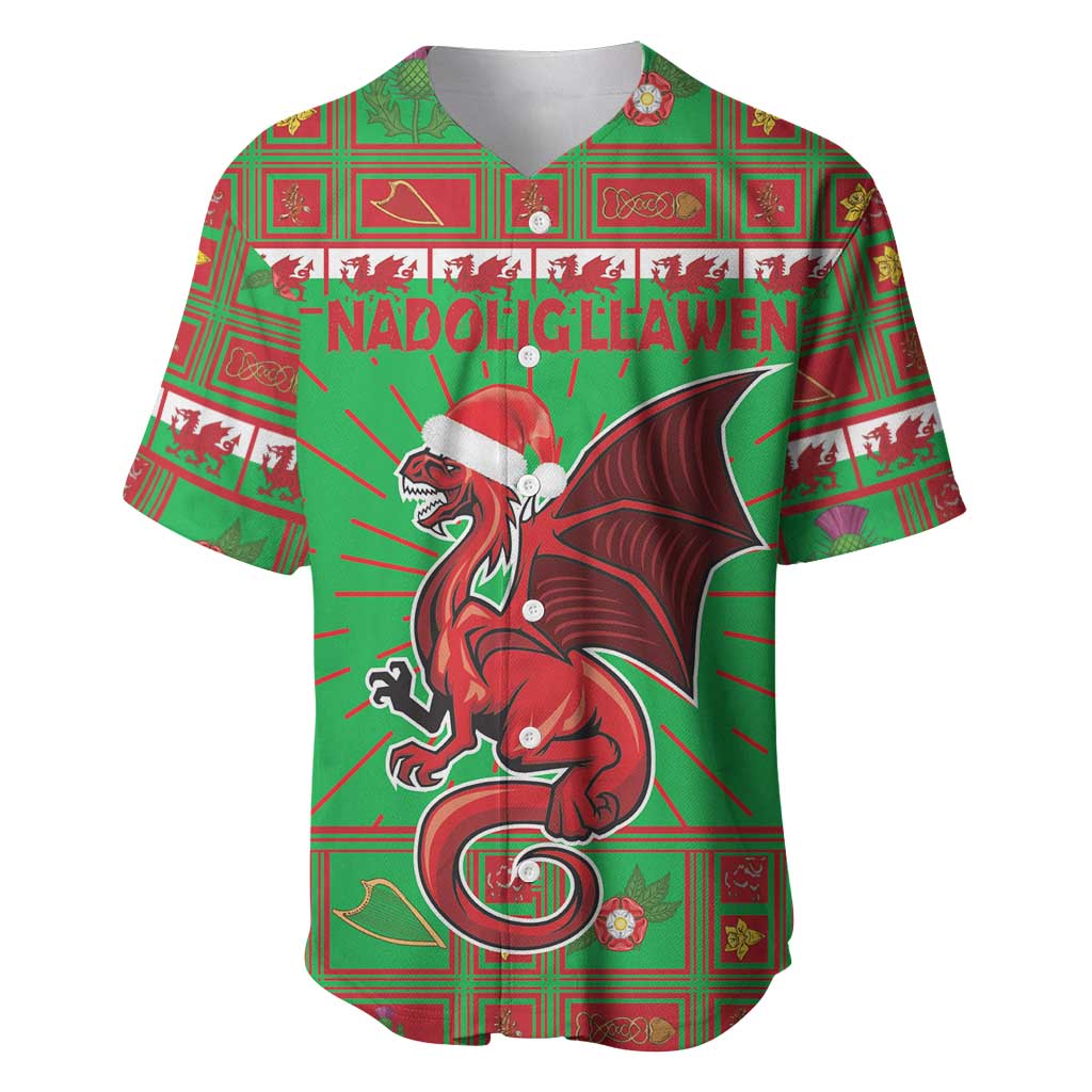 Green baseball jersey with Welsh dragon mascot graphic and holiday pattern