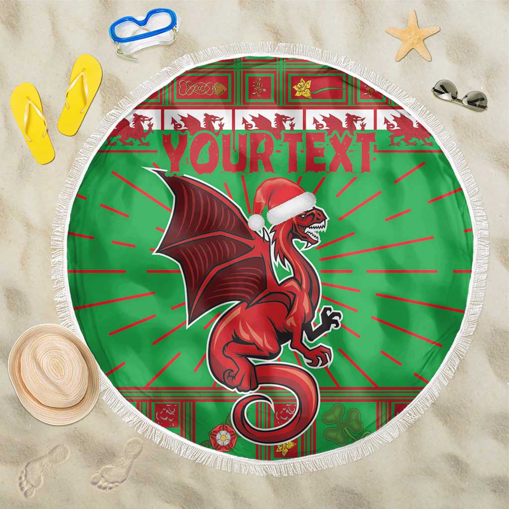 Circular green beach blanket with fringed edge, Welsh dragon mascot and custom text area