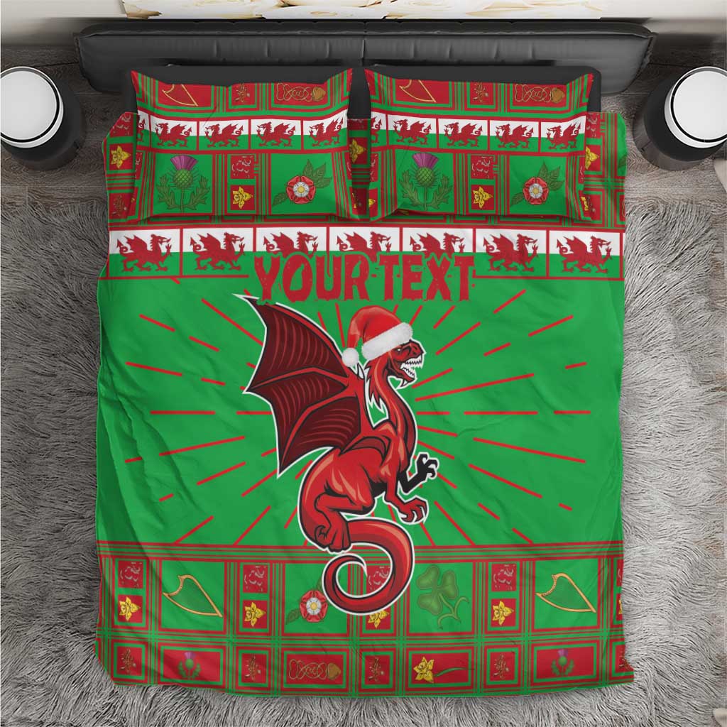 Green holiday bedding set close-up with dragon mascot, “YOUR TEXT” lettering, and red border