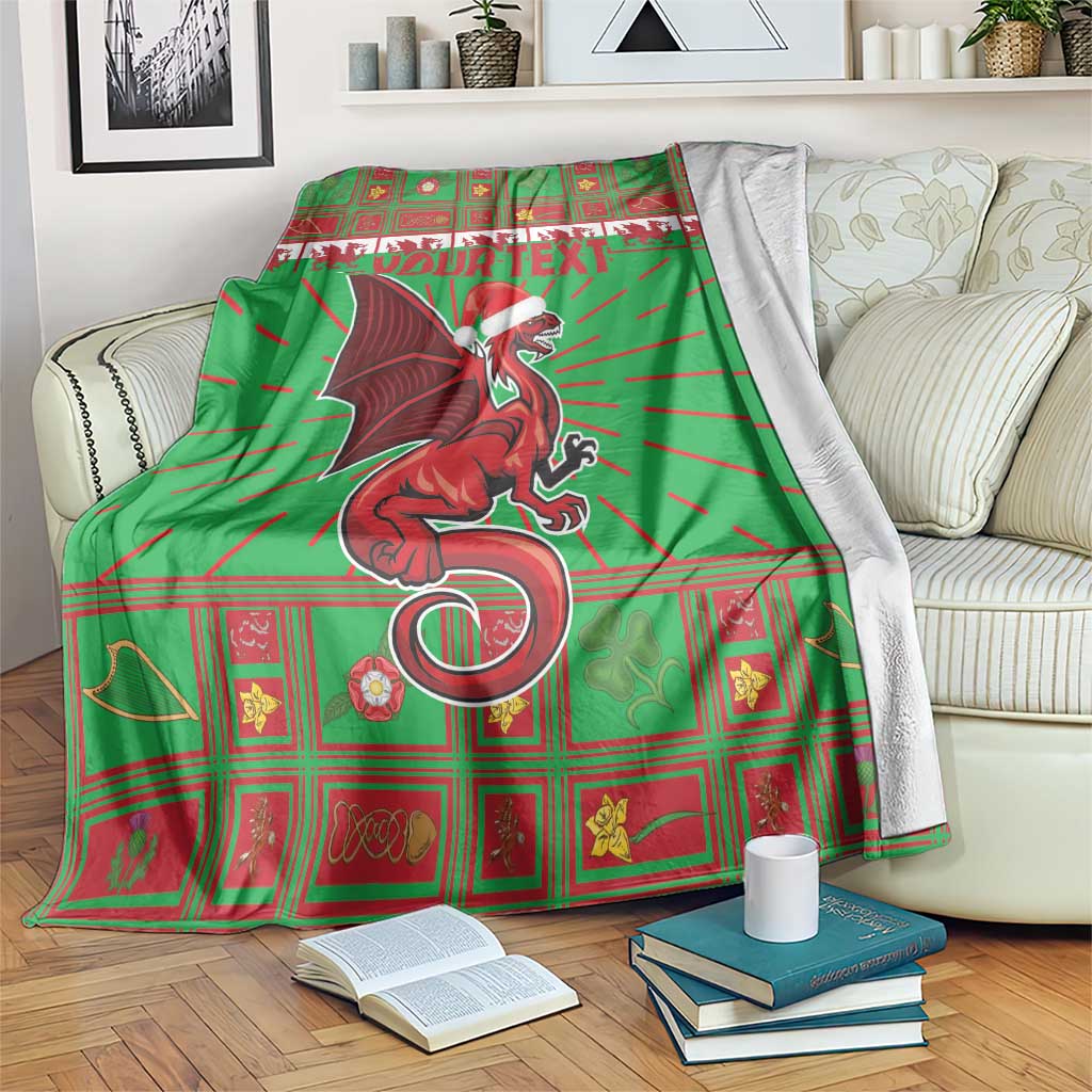 Green Welsh dragon Christmas blanket with red plaid border, Santa hat, and custom text