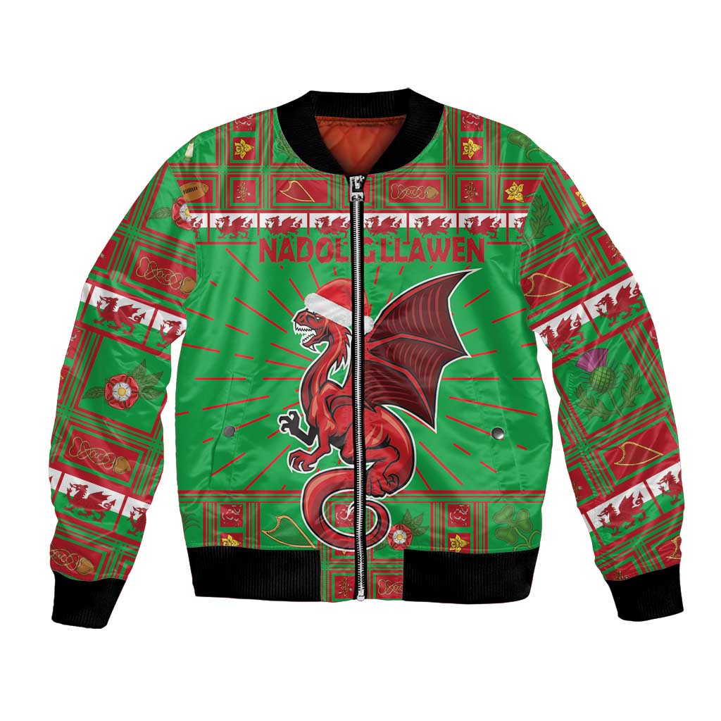 Green bomber jacket with Welsh dragon mascot, red holiday pattern, front zipper