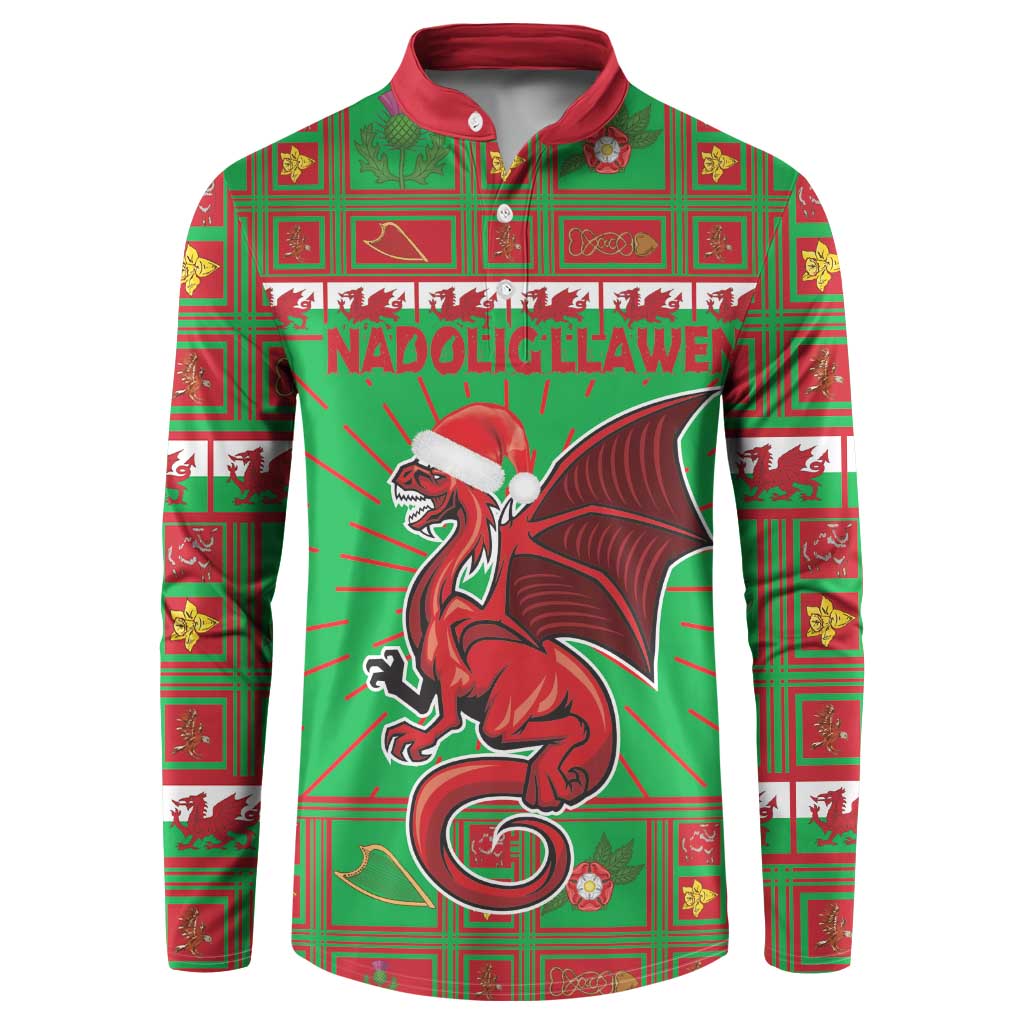 Green button sweatshirt with red Santa-hat dragon mascot on tartan pattern