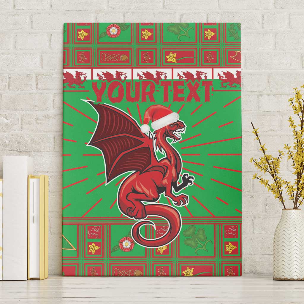 Green canvas wall art with Welsh dragon mascot and red festive pattern, YOUR TEXT in center