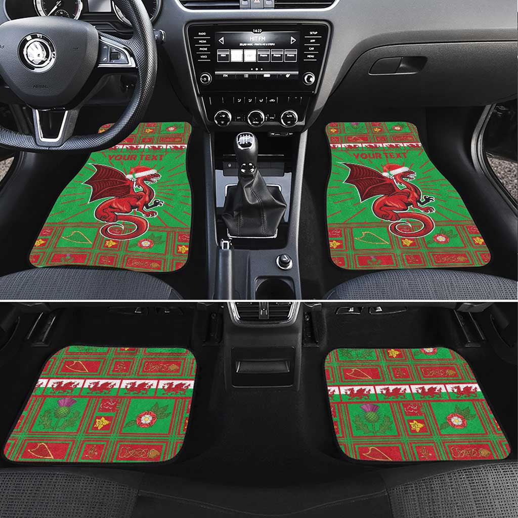 Green car floor mats with red dragon design and customizable 'YOUR TEXT' (set of 4)