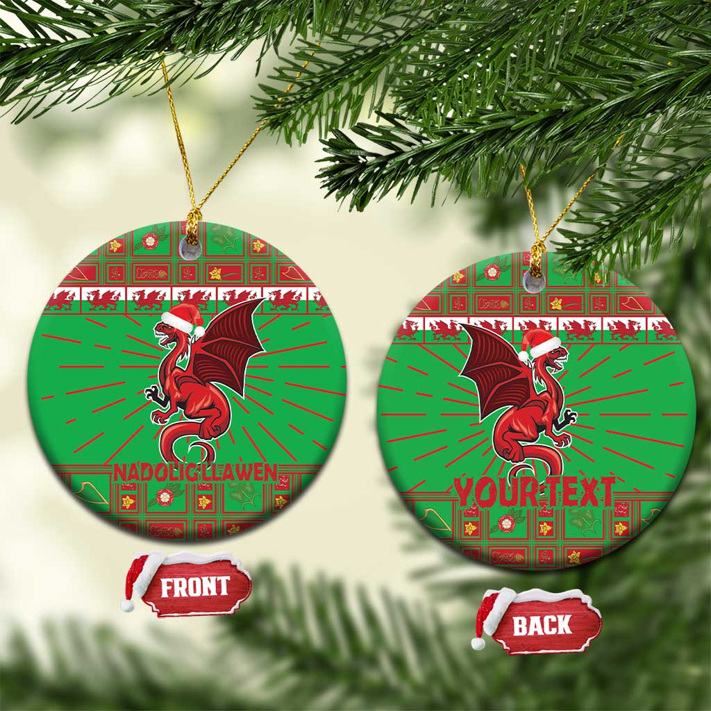 Green ceramic hanging ornaments with Welsh dragon mascot and gold loop, round shape