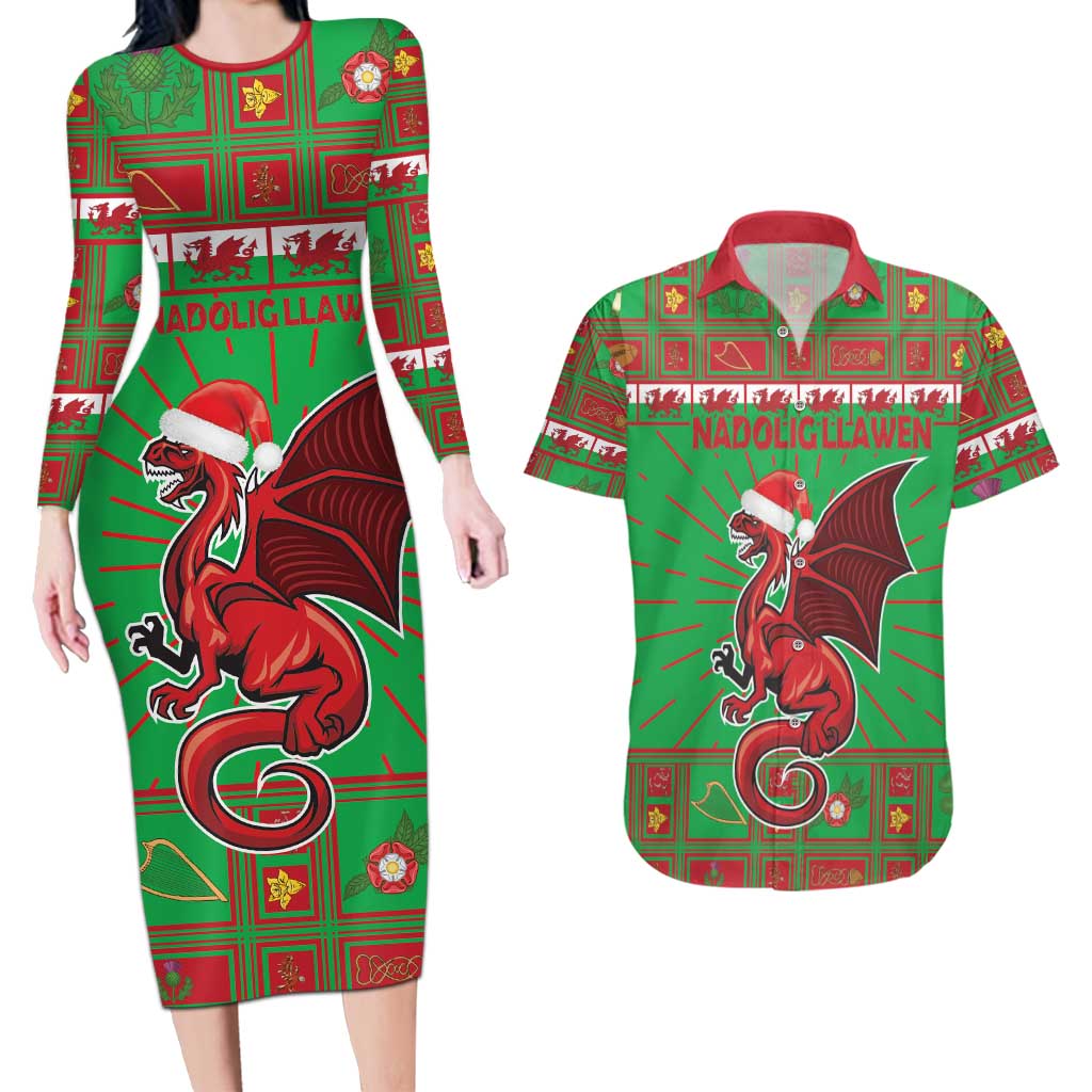 Personalized Wales Nadolig Llawen Couples Matching Long Sleeve Bodycon Dress and Hawaiian Shirt Welsh Dragon Mascot - Merry Xmas - Wonder Print Shop