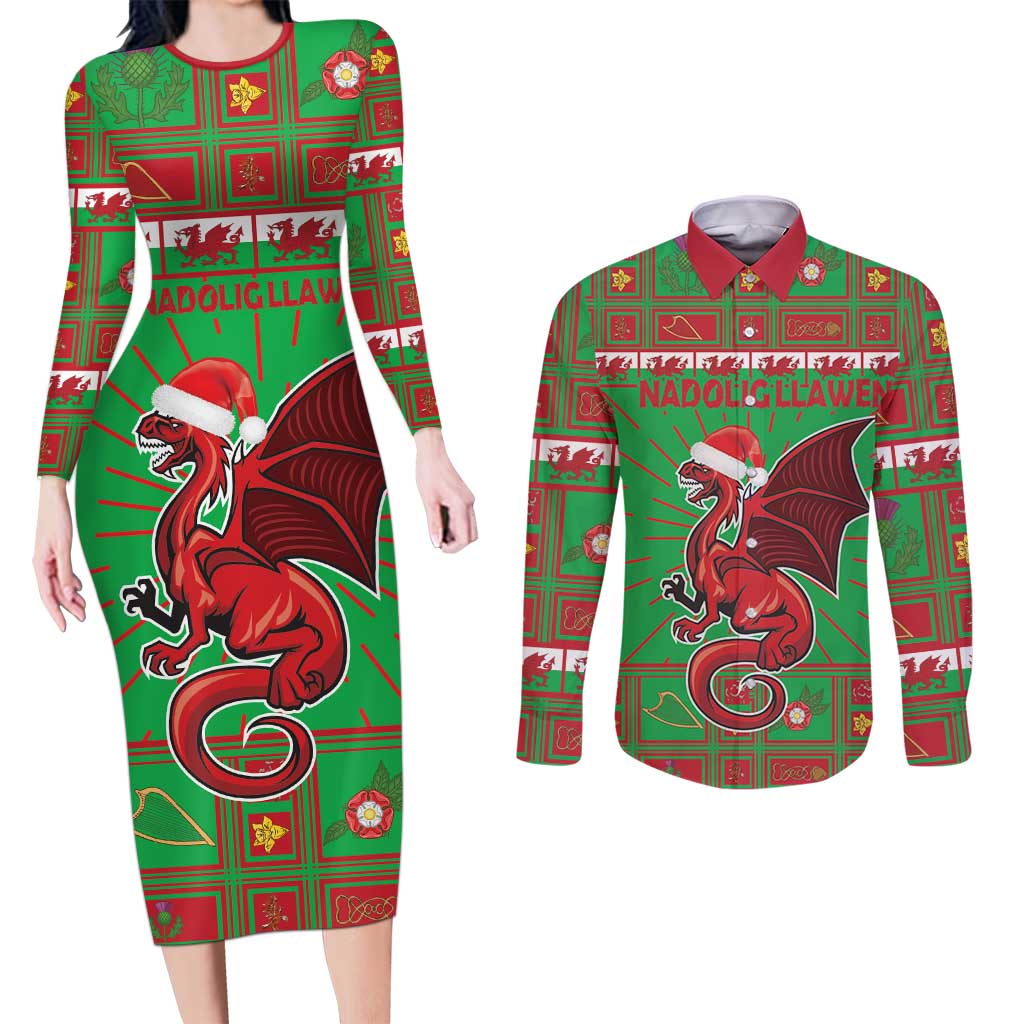 Personalized Wales Nadolig Llawen Couples Matching Long Sleeve Bodycon Dress and Long Sleeve Button Shirt Welsh Dragon Mascot - Merry Xmas - Wonder Print Shop