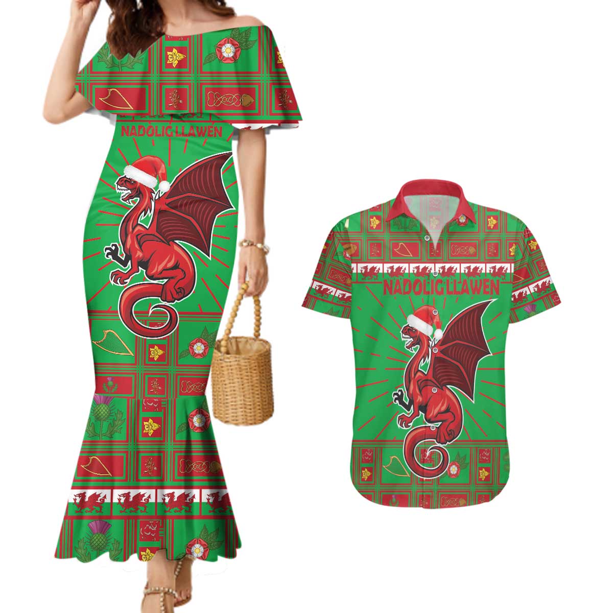 Personalized Wales Nadolig Llawen Couples Matching Mermaid Dress and Hawaiian Shirt Welsh Dragon Mascot - Merry Xmas - Wonder Print Shop