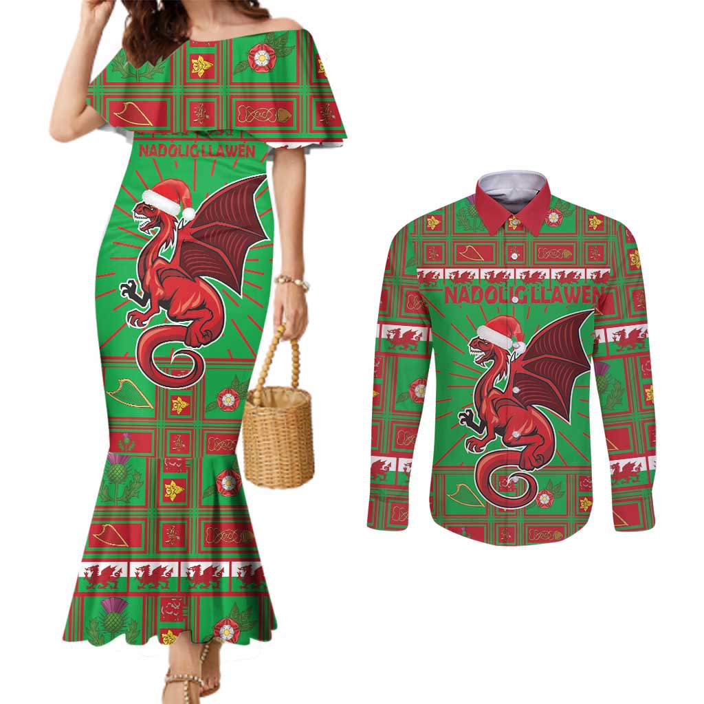 Personalized Wales Nadolig Llawen Couples Matching Mermaid Dress and Long Sleeve Button Shirt Welsh Dragon Mascot - Merry Xmas