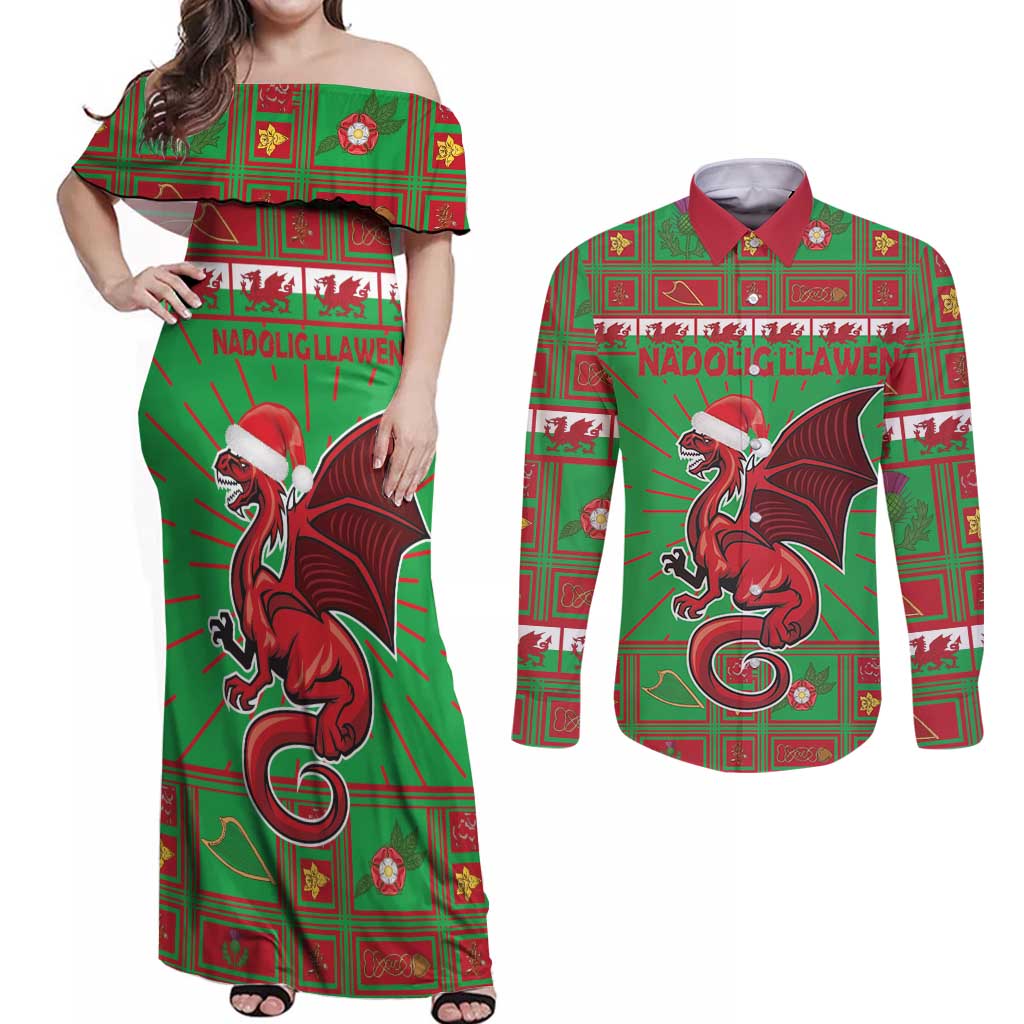 Personalized Wales Nadolig Llawen Couples Matching Off Shoulder Maxi Dress and Long Sleeve Button Shirt Welsh Dragon Mascot - Merry Xmas - Wonder Print Shop