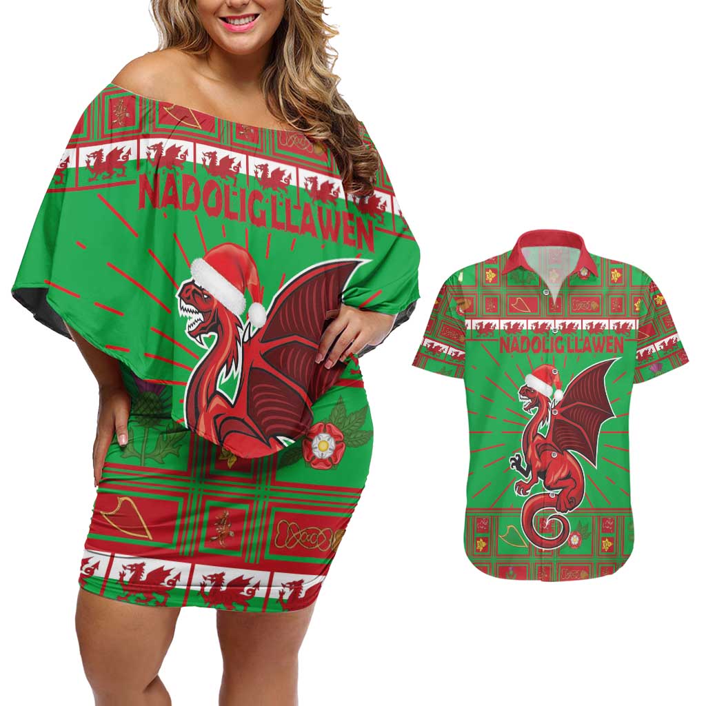 Personalized Wales Nadolig Llawen Couples Matching Off Shoulder Short Dress and Hawaiian Shirt Welsh Dragon Mascot - Merry Xmas - Wonder Print Shop