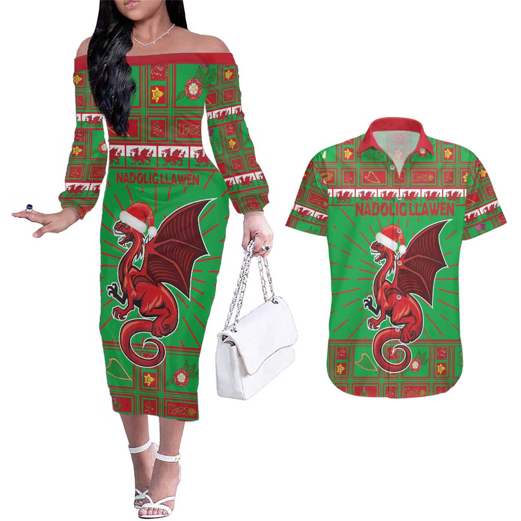 Personalized Wales Nadolig Llawen Couples Matching Off The Shoulder Long Sleeve Dress and Hawaiian Shirt Welsh Dragon Mascot - Merry Xmas - Wonder Print Shop