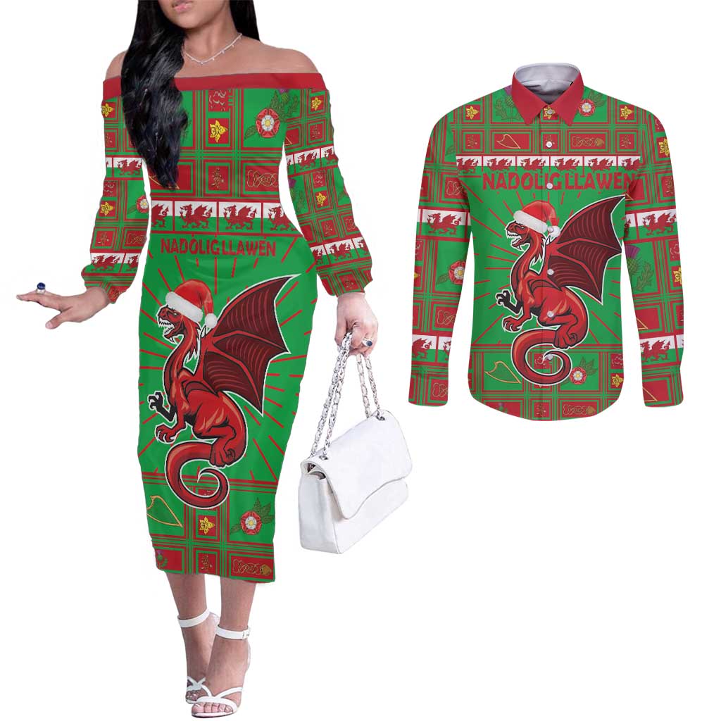 Personalized Wales Nadolig Llawen Couples Matching Off The Shoulder Long Sleeve Dress and Long Sleeve Button Shirt Welsh Dragon Mascot - Merry Xmas