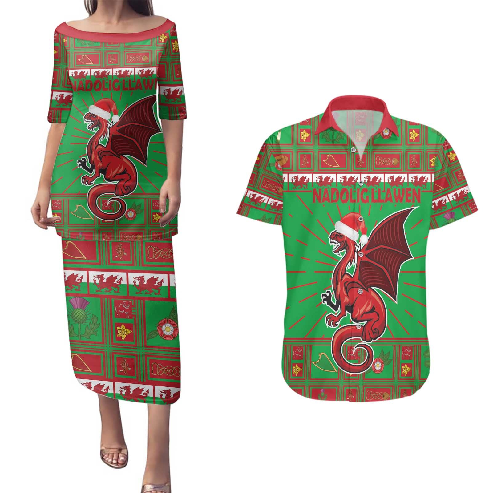 Personalized Wales Nadolig Llawen Couples Matching Puletasi and Hawaiian Shirt Welsh Dragon Mascot - Merry Xmas - Wonder Print Shop