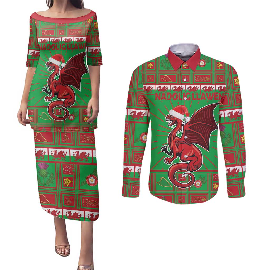 Personalized Wales Nadolig Llawen Couples Matching Puletasi and Long Sleeve Button Shirt Welsh Dragon Mascot - Merry Xmas - Wonder Print Shop