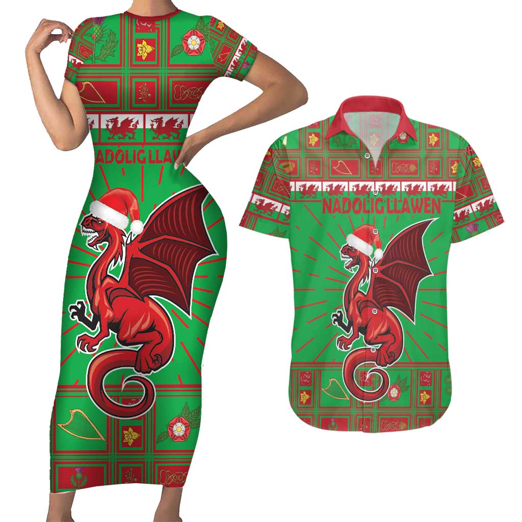 Personalized Wales Nadolig Llawen Couples Matching Short Sleeve Bodycon Dress and Hawaiian Shirt Welsh Dragon Mascot - Merry Xmas - Wonder Print Shop