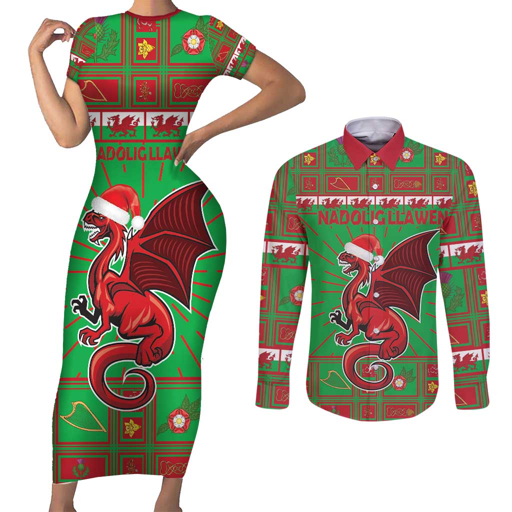 Personalized Wales Nadolig Llawen Couples Matching Short Sleeve Bodycon Dress and Long Sleeve Button Shirt Welsh Dragon Mascot - Merry Xmas - Wonder Print Shop