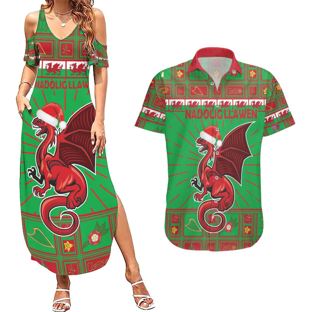 Personalized Wales Nadolig Llawen Couples Matching Summer Maxi Dress and Hawaiian Shirt Welsh Dragon Mascot - Merry Xmas - Wonder Print Shop