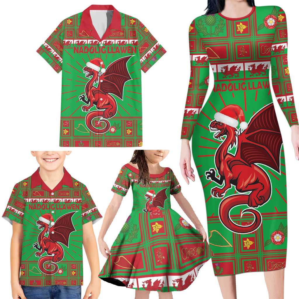 Personalized Wales Nadolig Llawen Family Matching Long Sleeve Bodycon Dress and Hawaiian Shirt Welsh Dragon Mascot - Merry Xmas - Wonder Print Shop