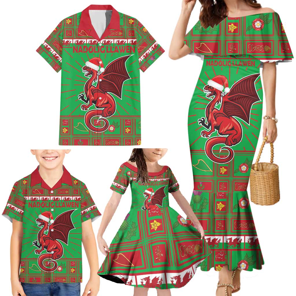 Personalized Wales Nadolig Llawen Family Matching Mermaid Dress and Hawaiian Shirt Welsh Dragon Mascot - Merry Xmas - Wonder Print Shop