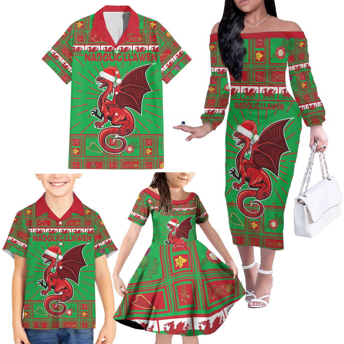 Personalized Wales Nadolig Llawen Family Matching Off The Shoulder Long Sleeve Dress and Hawaiian Shirt Welsh Dragon Mascot - Merry Xmas - Wonder Print Shop