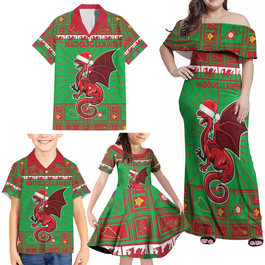 Personalized Wales Nadolig Llawen Family Matching Off Shoulder Maxi Dress and Hawaiian Shirt Welsh Dragon Mascot - Merry Xmas - Wonder Print Shop