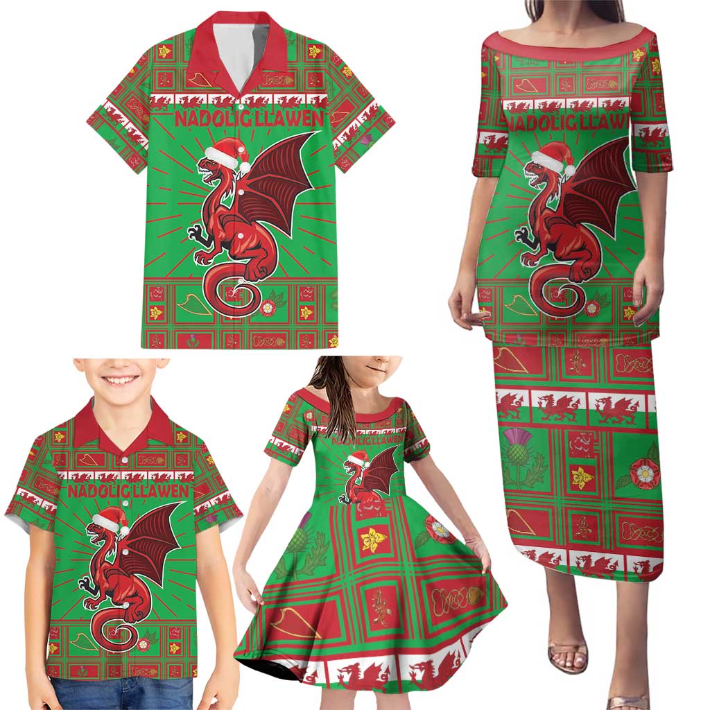 Personalized Wales Nadolig Llawen Family Matching Puletasi and Hawaiian Shirt Welsh Dragon Mascot - Merry Xmas - Wonder Print Shop