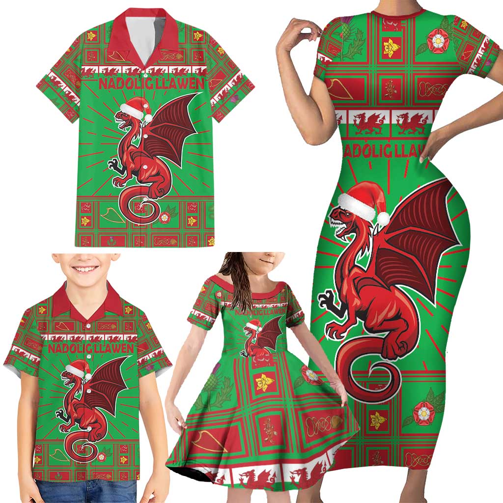 Personalized Wales Nadolig Llawen Family Matching Short Sleeve Bodycon Dress and Hawaiian Shirt Welsh Dragon Mascot - Merry Xmas - Wonder Print Shop