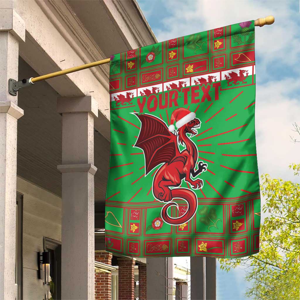 Green garden flag on a pole with Welsh dragon mascot and 'YOUR TEXT' design
