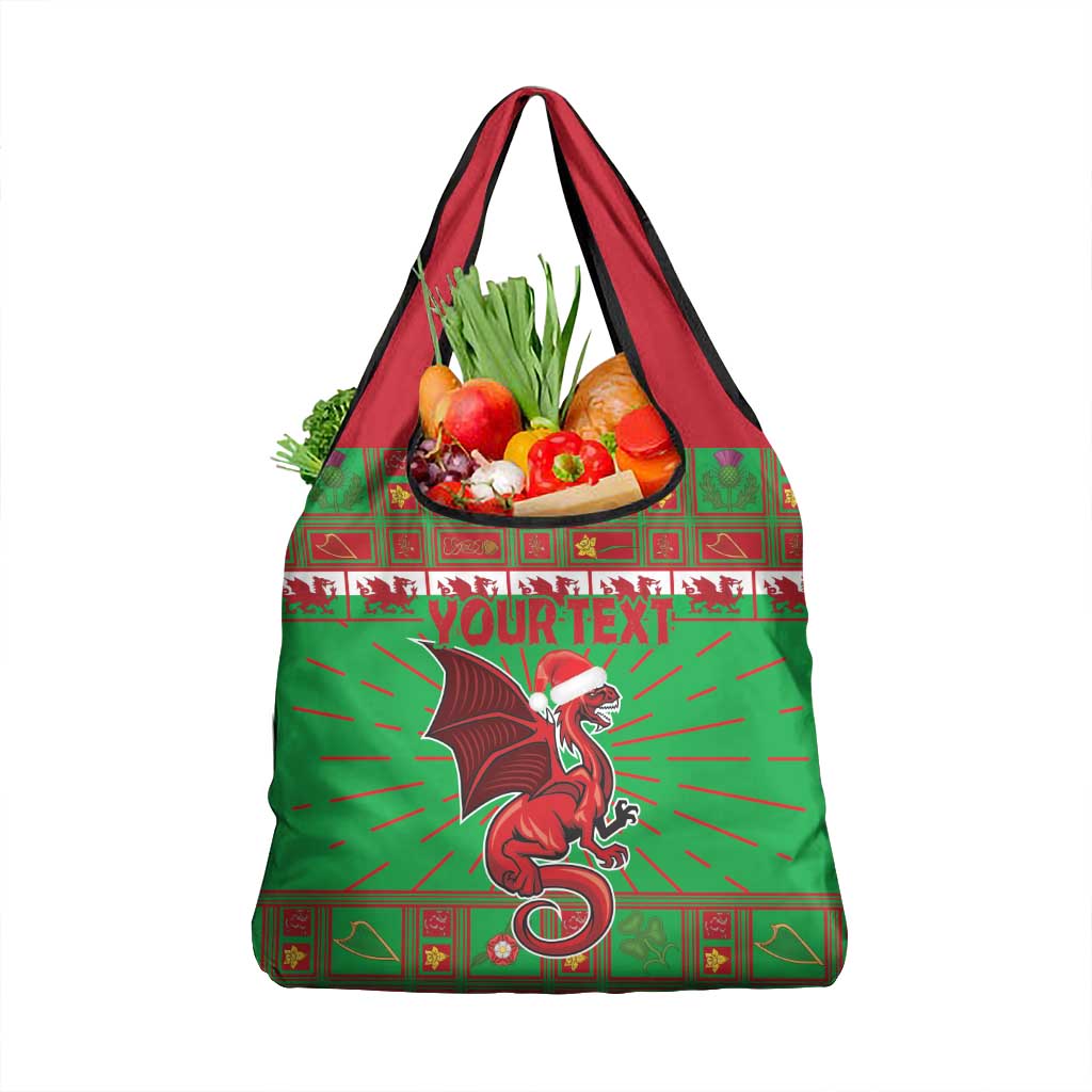 Green festive grocery tote with red handles, Welsh dragon mascot and 'YOURTEXT' text