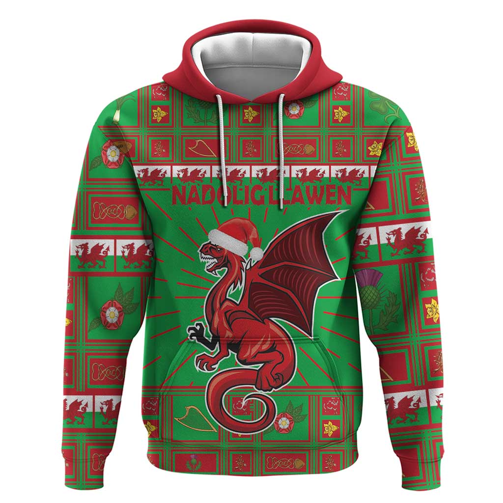 Green pullover hoodie with red hood lining, Welsh dragon mascot graphic and holiday pattern