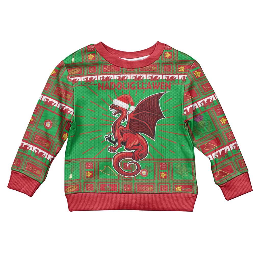 Kids green ugly Christmas sweater with Welsh dragon mascot graphic and red trim, long sleeves