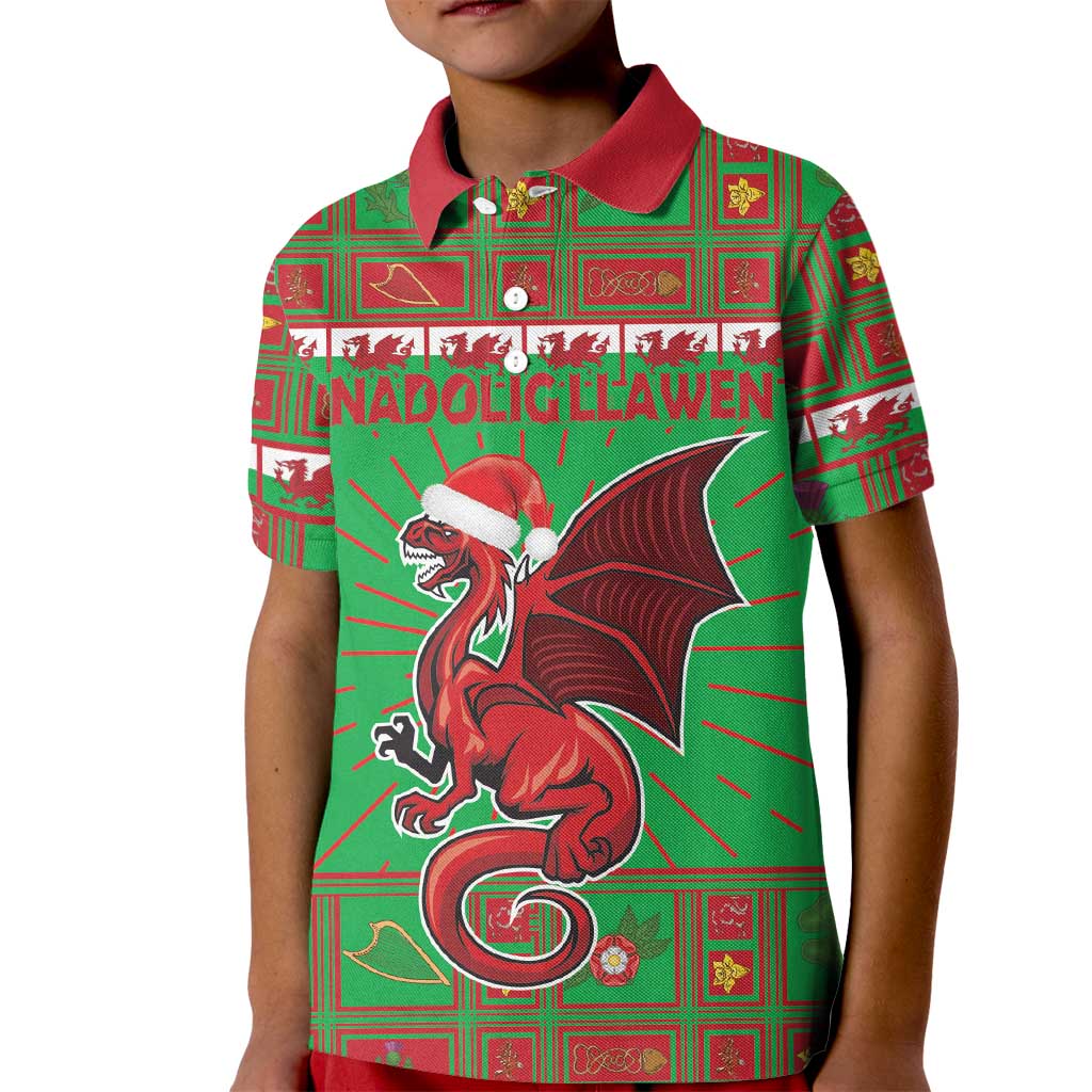 Personalized Wales Nadolig Llawen Kid Polo Shirt Welsh Dragon Mascot - Merry Xmas - Wonder Print Shop