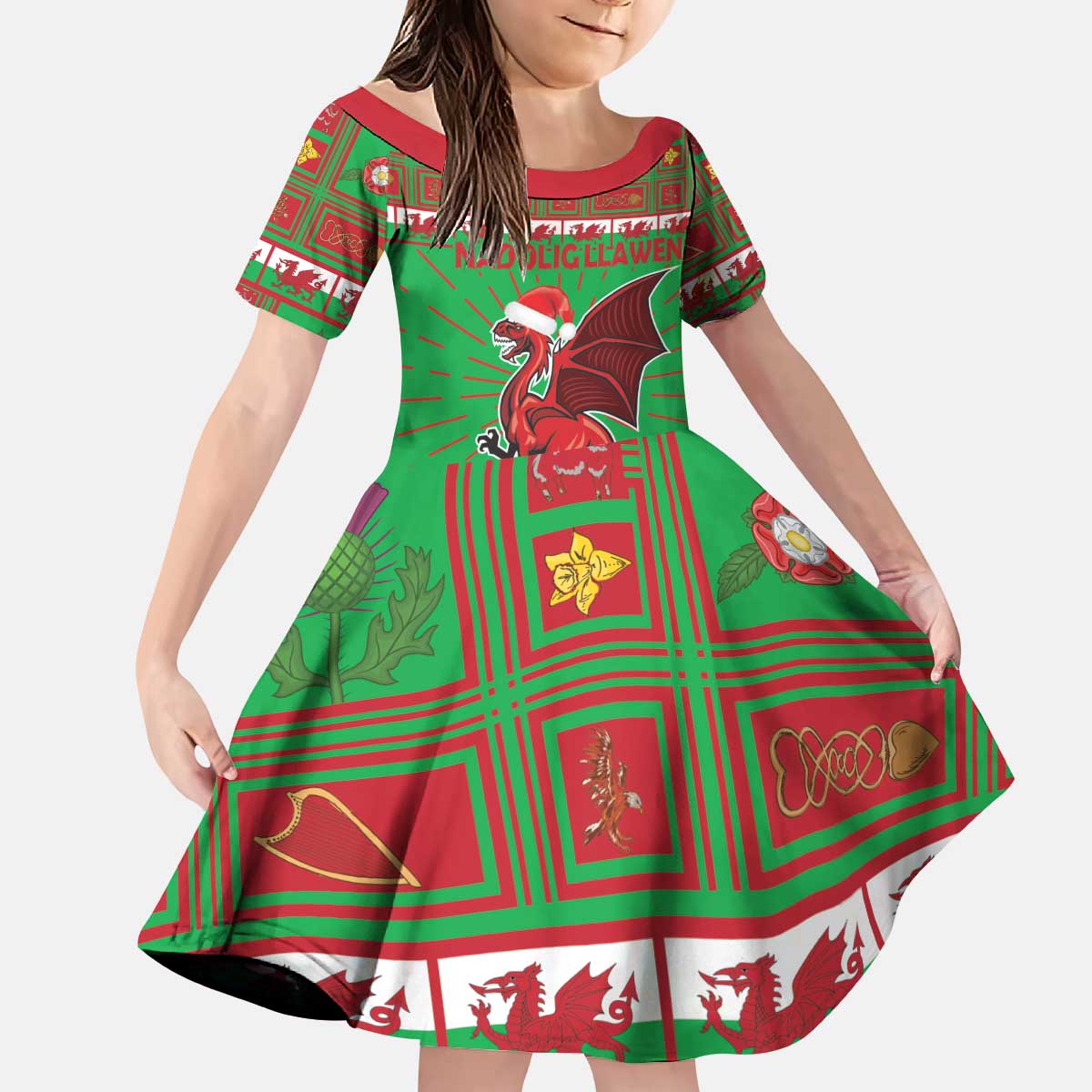 Personalized Wales Nadolig Llawen Kid Short Sleeve Dress Welsh Dragon Mascot - Merry Xmas - Wonder Print Shop