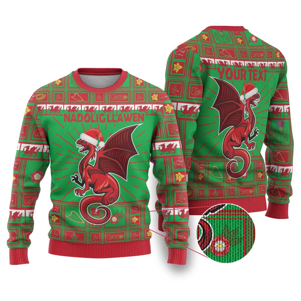 Green ugly Christmas sweater set with front and back red dragon graphics and festive border