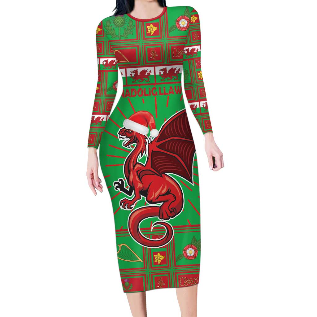 Personalized Wales Nadolig Llawen Long Sleeve Bodycon Dress Welsh Dragon Mascot - Merry Xmas - Wonder Print Shop