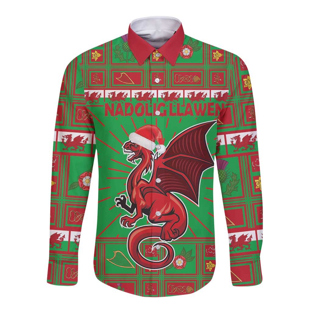 Green long-sleeve button shirt with red collar and dragon graphic, festive plaid