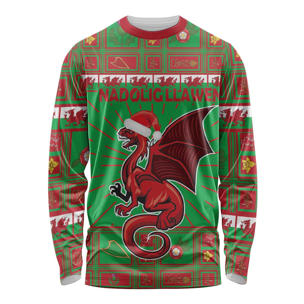 Personalized green long-sleeve Christmas shirt with Welsh dragon mascot and plaid print