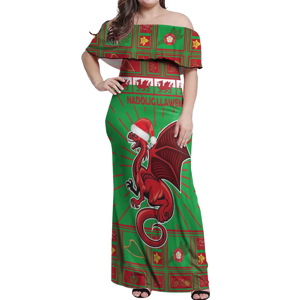 Personalized Wales Nadolig Llawen Off Shoulder Maxi Dress Welsh Dragon Mascot - Merry Xmas - Wonder Print Shop