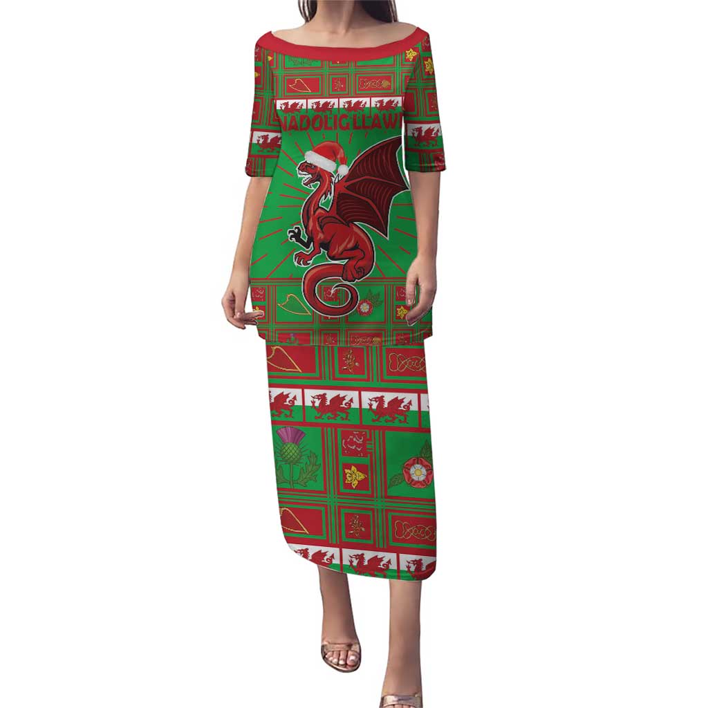 Green long tunic dress with wide boat neckline, red Welsh dragon mascot graphic