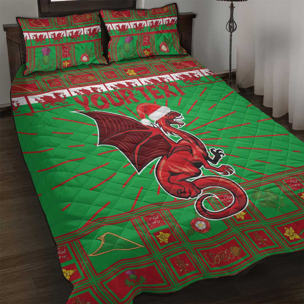 Green quilt bed set with central dragon mascot on plaid grid, two matching pillowcases