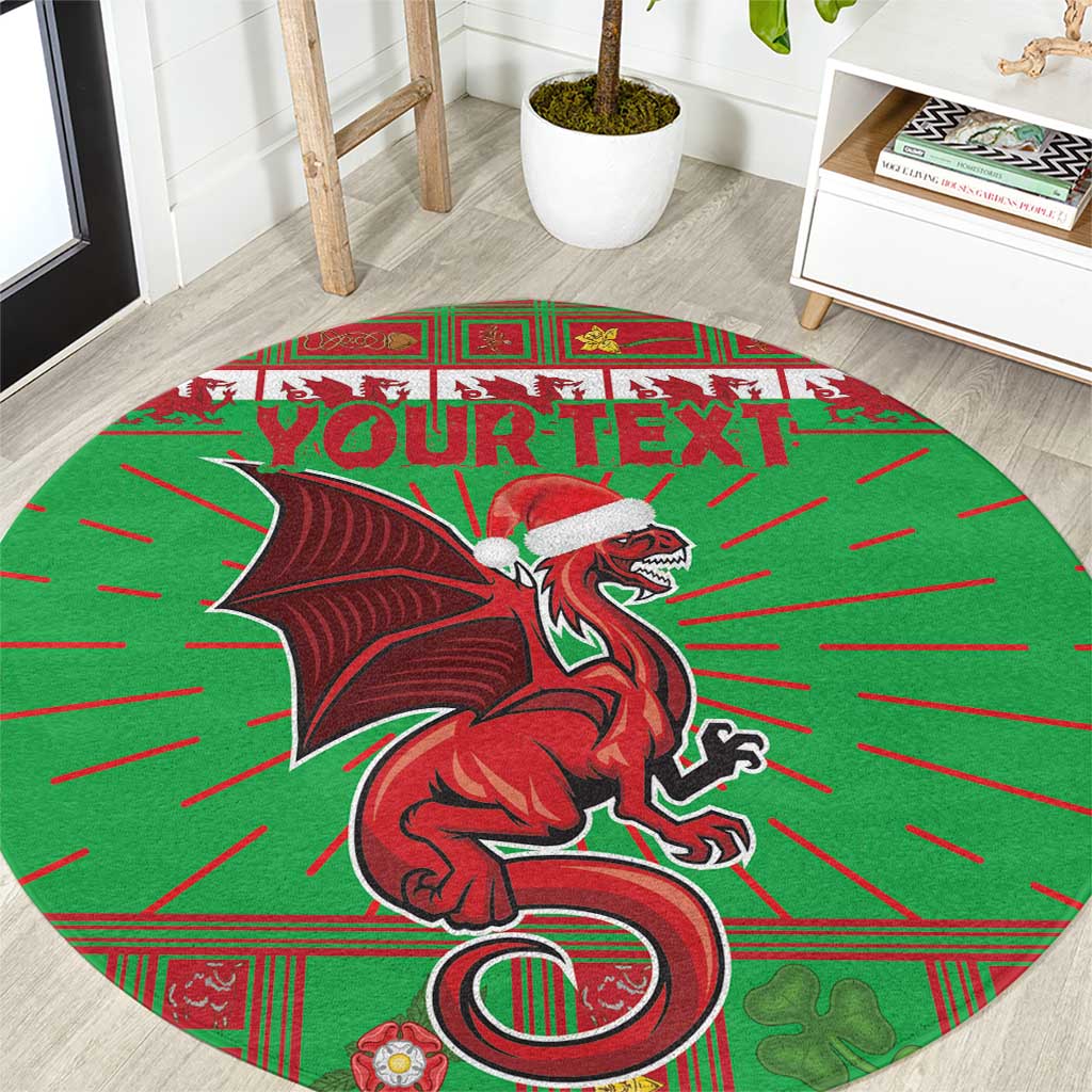 Personalized round green Christmas rug with Welsh dragon mascot and red plaid top panel