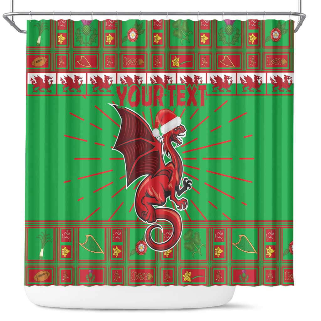 Green holiday shower curtain with dragon mascot, red border, and YOUR TEXT