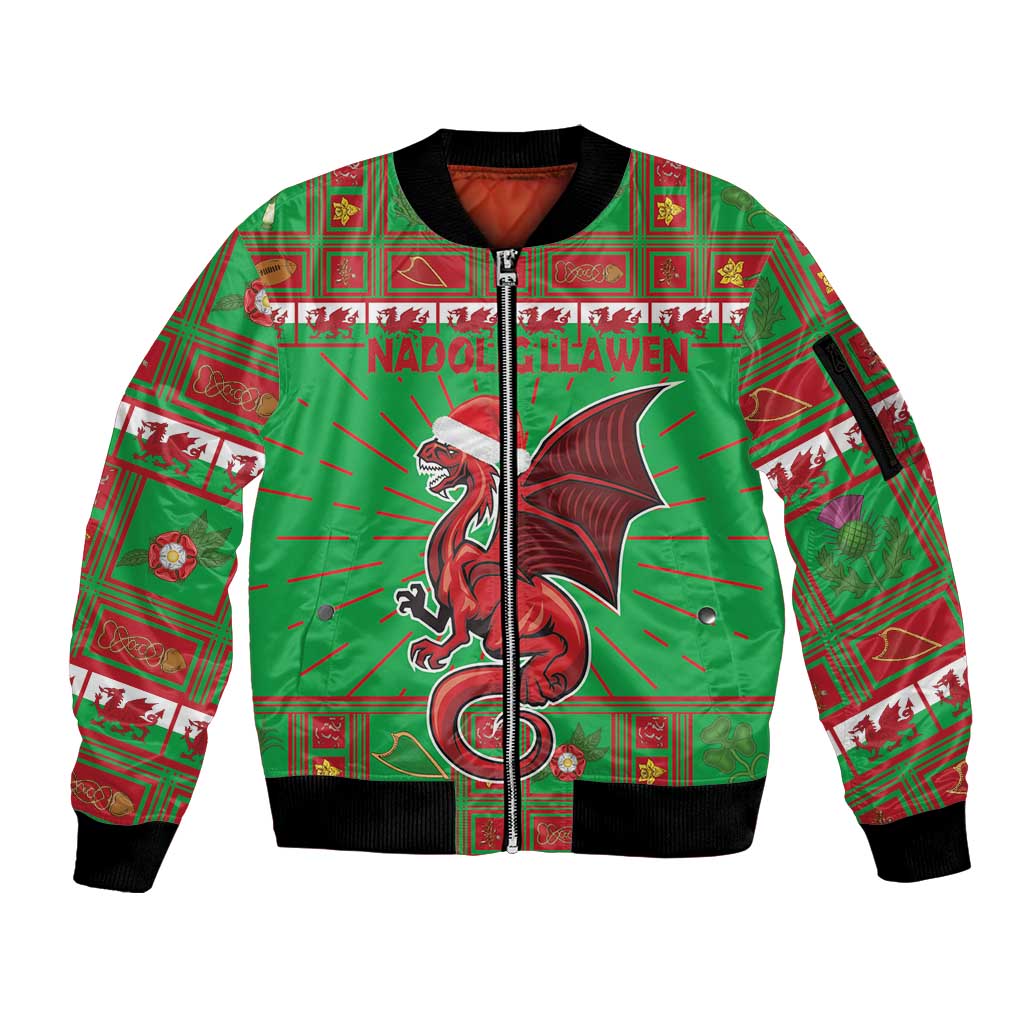 Green unisex zip bomber jacket with Welsh dragon front graphic and ribbed cuffs
