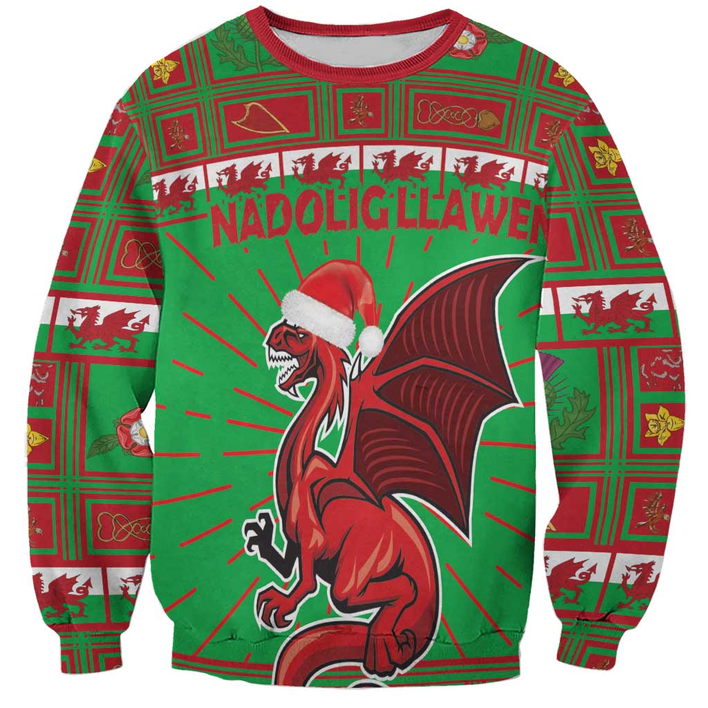 Green crewneck sweatshirt with red Welsh dragon mascot and Santa hat, festive holiday pattern
