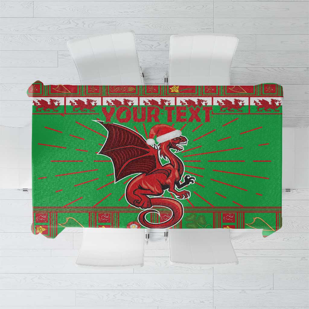 Green Welsh Christmas tablecloth with red dragon mascot and customizable text panel