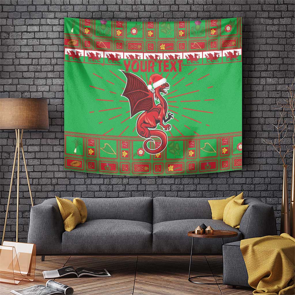 Green Christmas dragon mascot tapestry with Santa hat, red border, and central ray burst